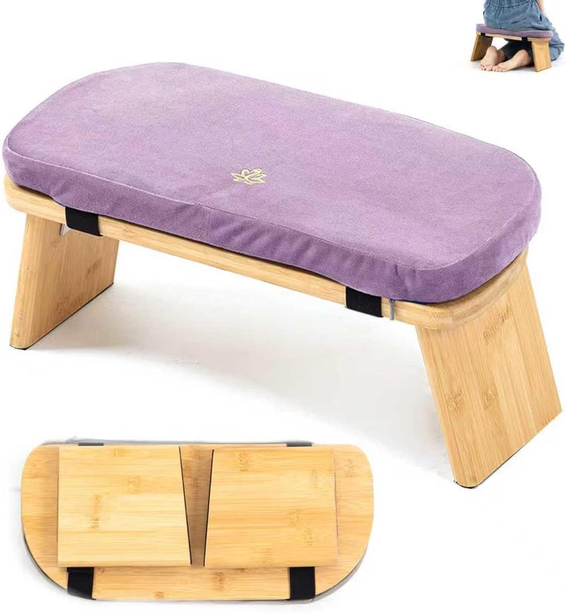 Estleys Meditation Bench, Bamboo Meditation Stool, Folding Kneeling Meditation Bench, Seiza Prayer Bench, Prayer Bench with Meditation Cushion, Kneeling Stool (Purple) - Image 1